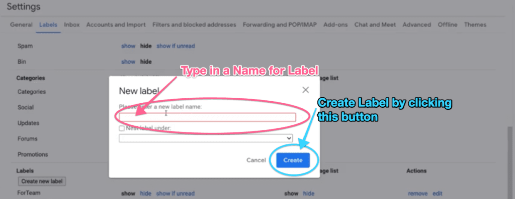 Type in a Name for Label and create Label by clicking the 'Create' button